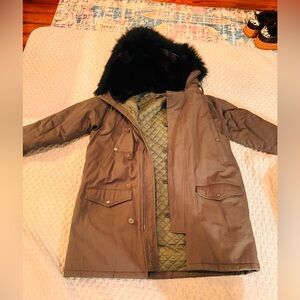 The Kooples Green Quilted Jacket with Black Fur Trim